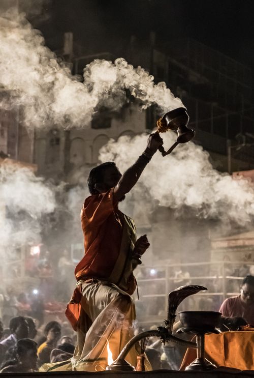 Free Captivating scene from a traditional Aarti ceremony on the Ganges in Varanasi. Stock Photo