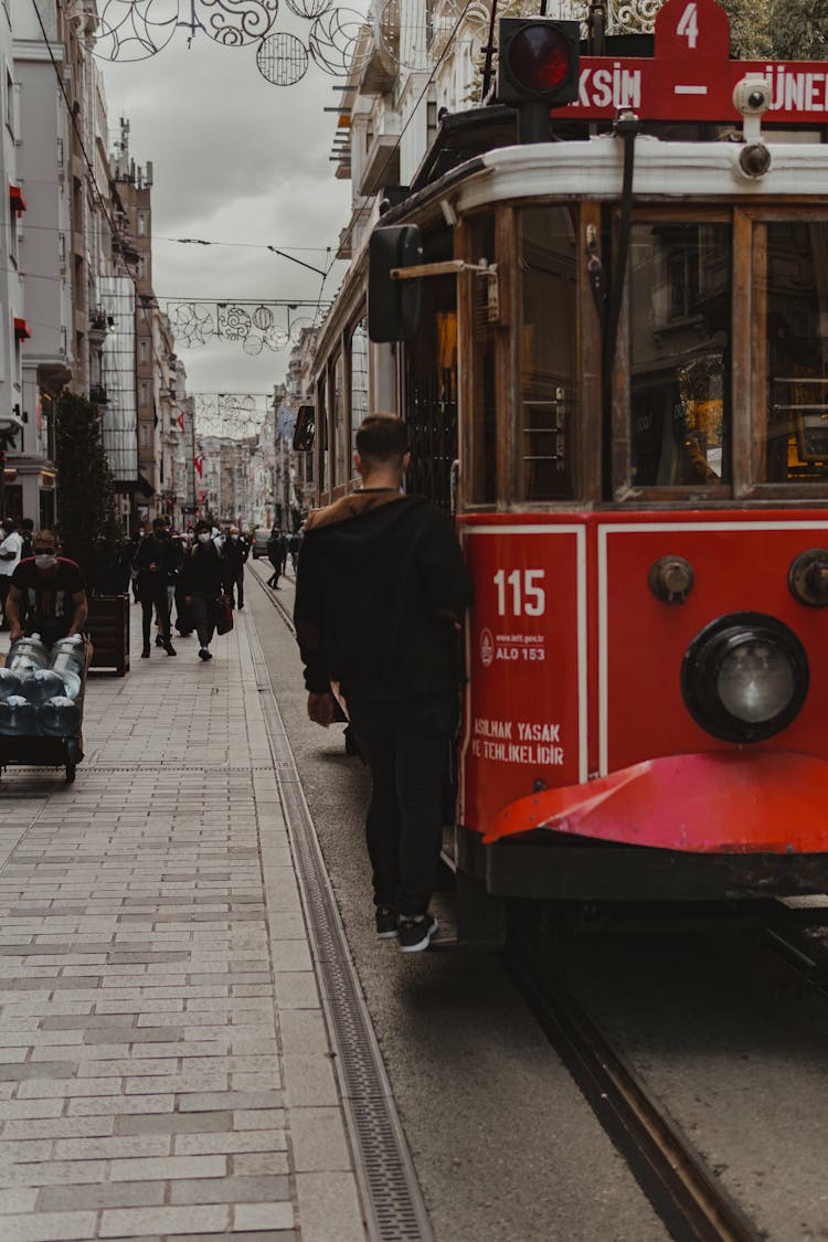 Red Vintage Tram On A City Street