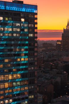 Stunning cityscape of Moscow with high-rise buildings at sunset.
