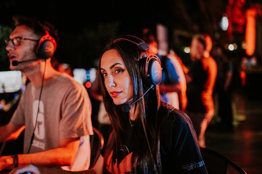 Woman gaming in esports tournament, wearing headset with focused expression, dimmed indoor lighting.