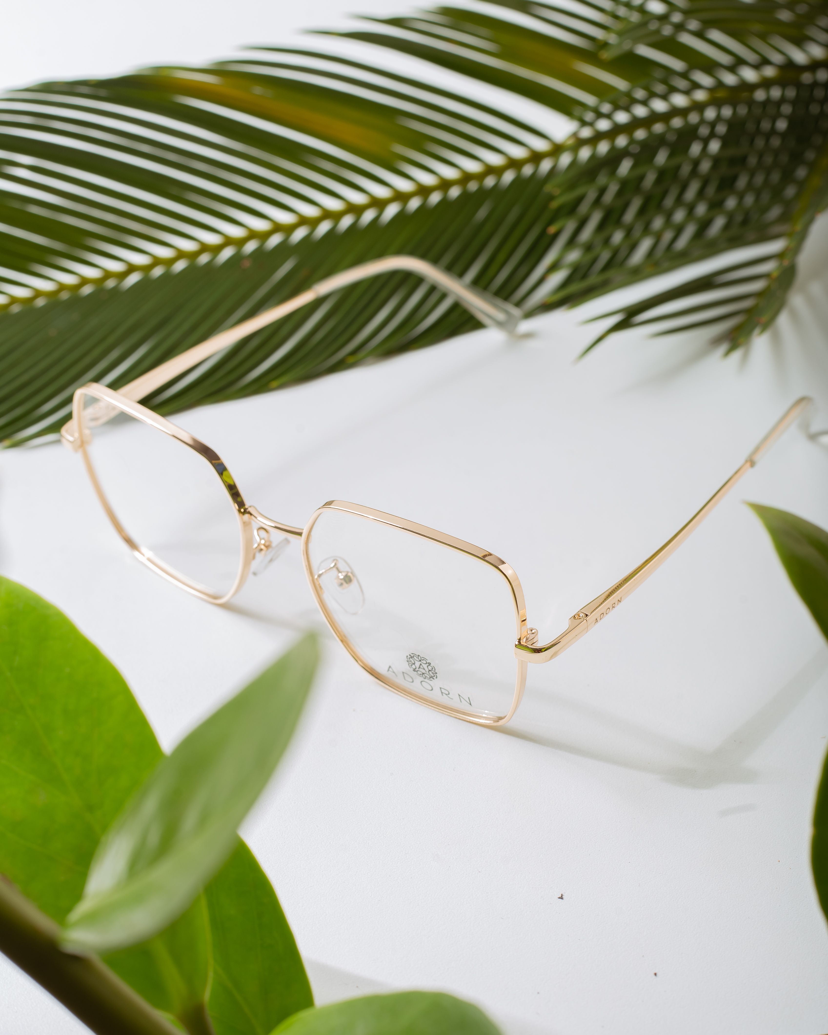 Creative design of new eyewear among green plant leaves on smooth white surface with shadow