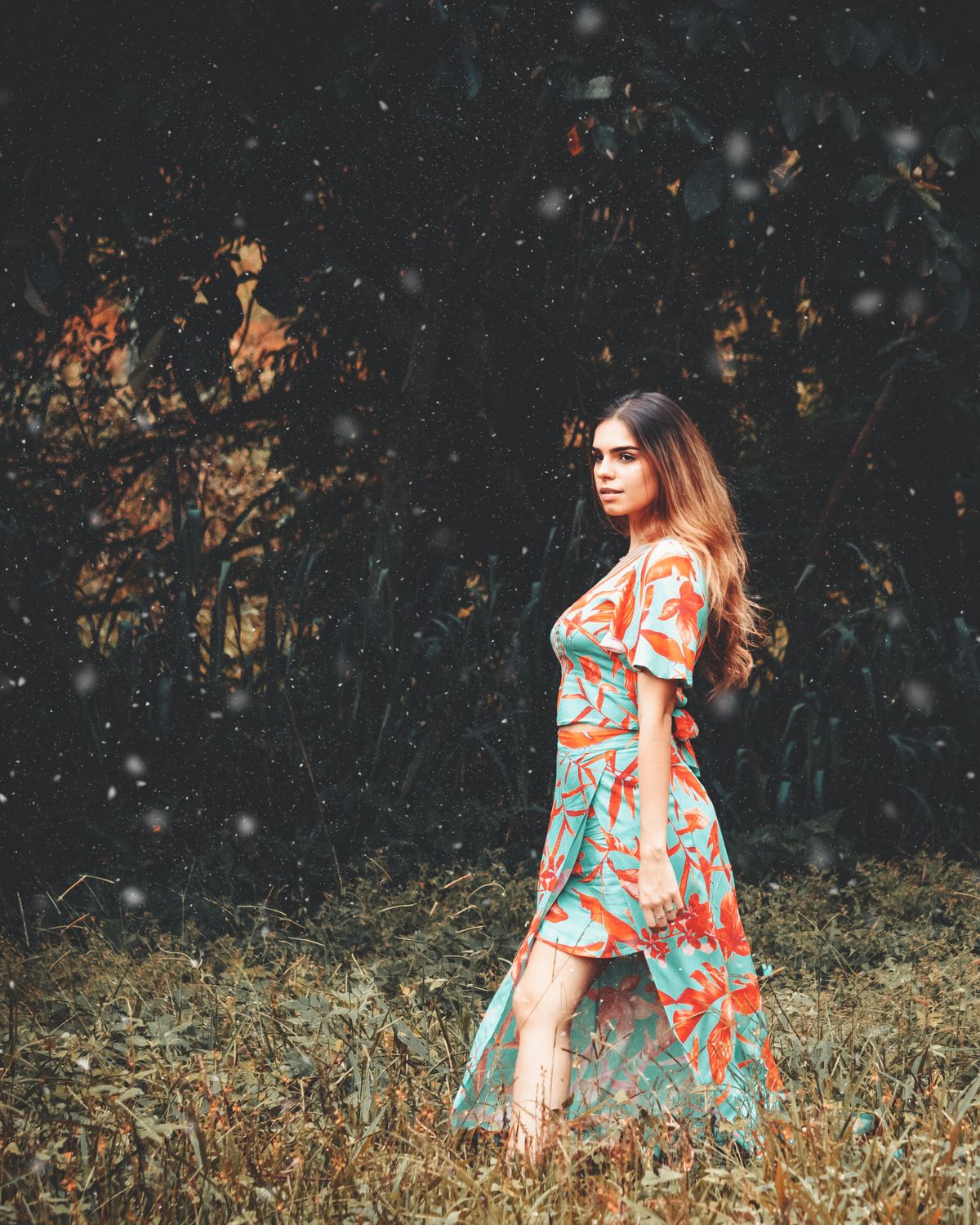 A Woman in a Floral Dress on a Grass · Free Stock Photo