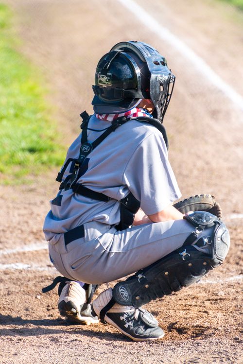 Free A young baseball catcher in full gear crouching on a sunny field ready to catch. Stock Photo