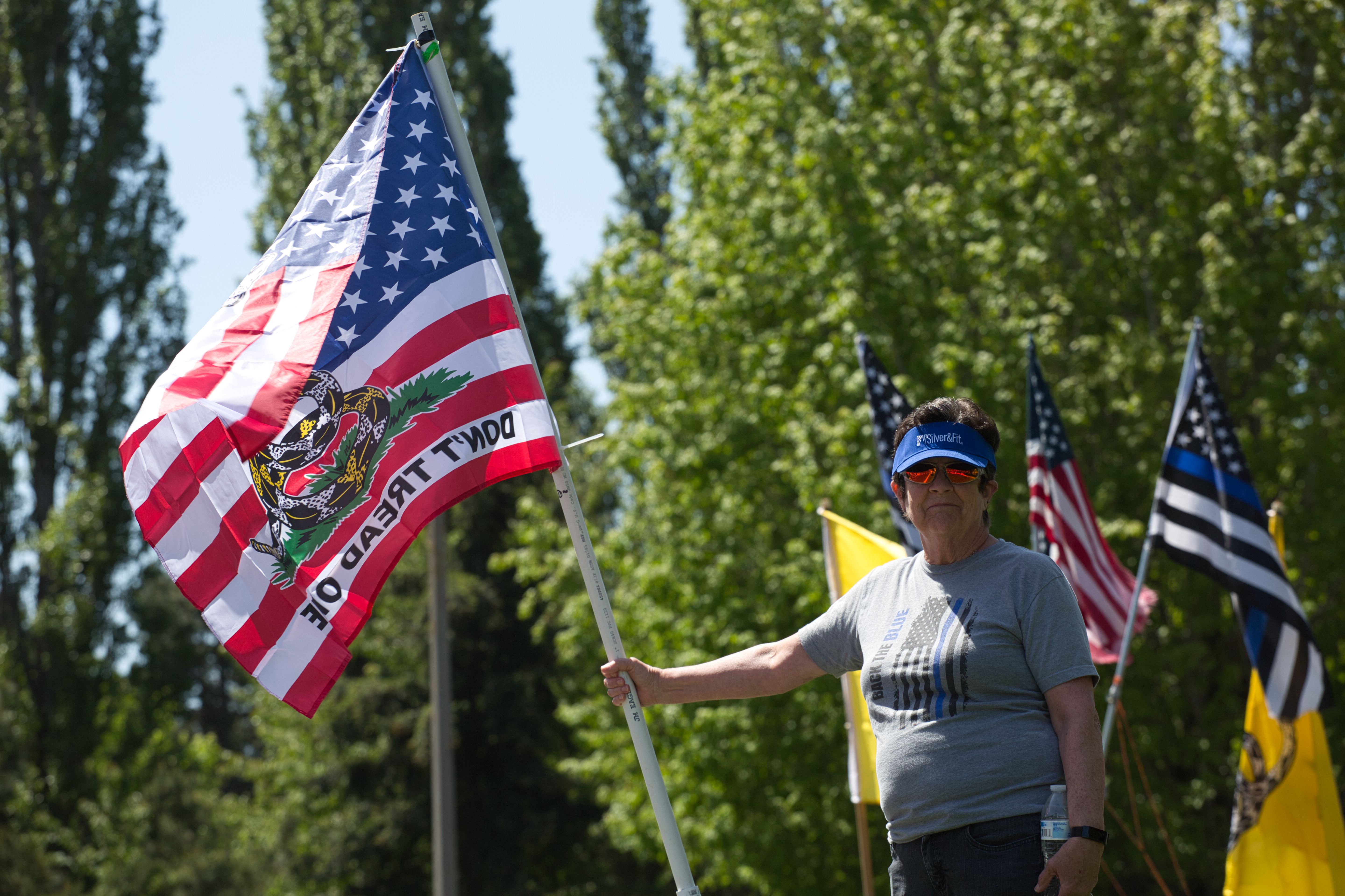 Person holding American-themed flag at outdoor demonstration with trees and clear sky.