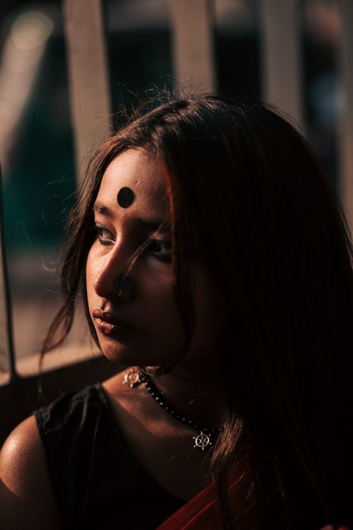 Free Artistic portrait of a woman with bindi and necklace, bathed in warm light. Stock Photo