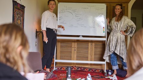 Two women lead a brainstorming session at home, discussing ideas using a whiteboard. Engaged group setting.