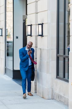 Elderly man in a blue suit walks confidently along a city sidewalk, exuding urban sophistication.
