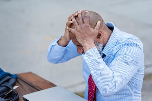 Frustrated businessman holding head in hands outdoors with laptop, corporate stress concept.