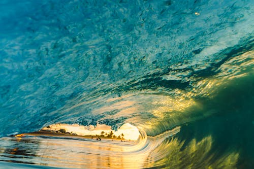 Spectacular scenery of turquoise wave rolling over rippling sea surface against lush coast on sunny day