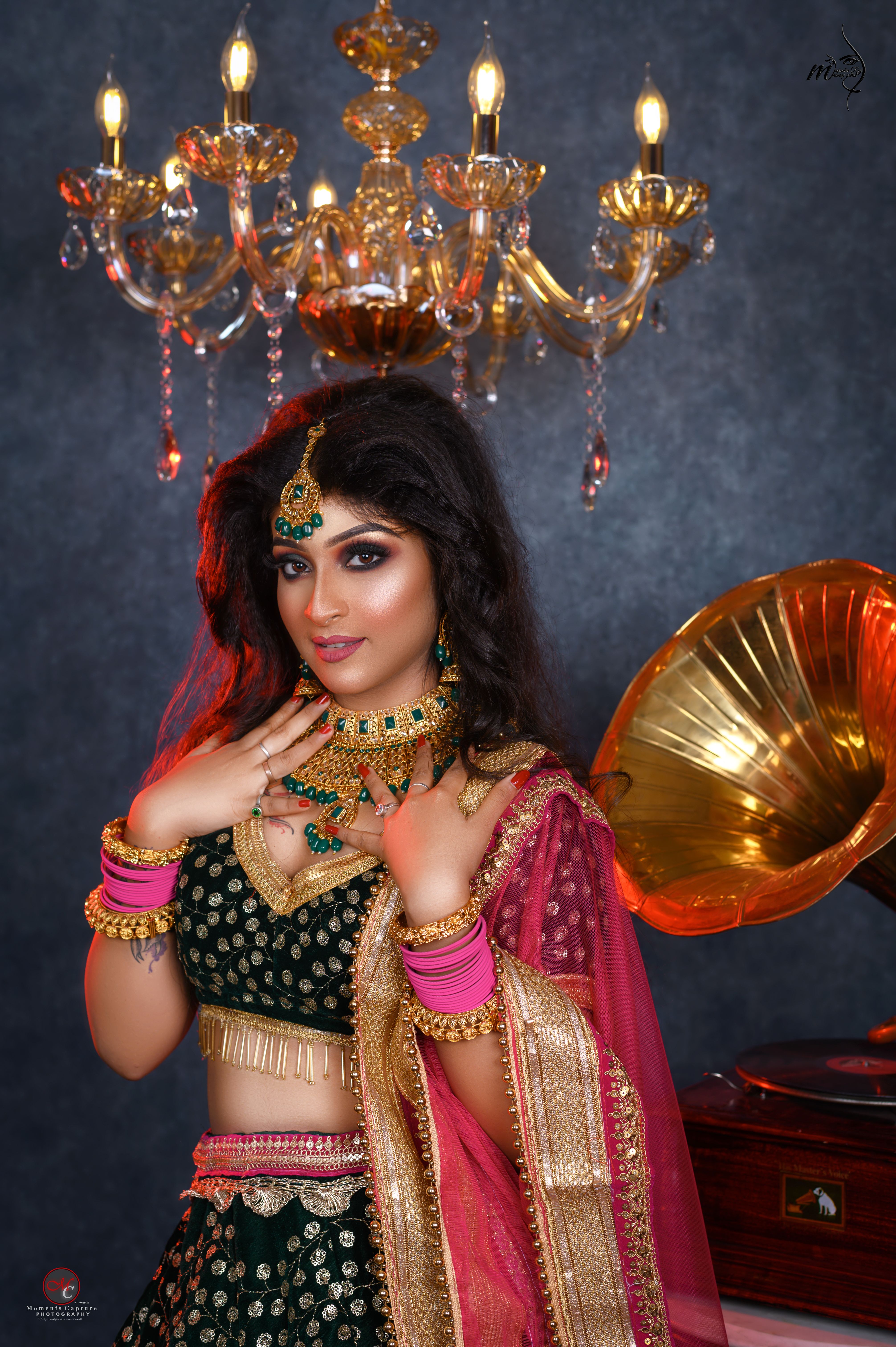 Elegant portrait of an Indian woman in traditional attire, showcasing intricate jewelry and a classic decor background.