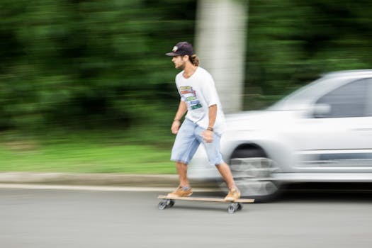 Dynamic shot of a man longboarding alongside a car, showcasing speed and motion in an urban setting.