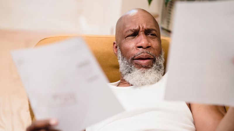 A homeowner looking at an electricity bill next to a modern digital thermostat on a water heater
