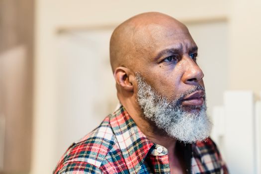 A thoughtful portrait of a bald, bearded man in a plaid shirt, looking away indoors.