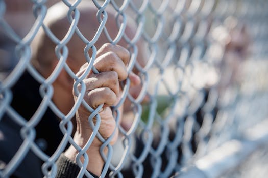 Hands gripping a chain-link fence outdoors, symbolizing confinement or yearning for freedom.