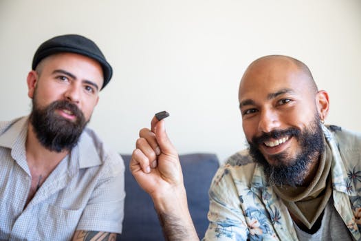 Two bald men with beards indoors, one holding a small item and smiling.