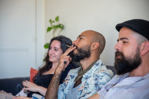 Three adults relaxing indoors, enjoying companionship and smoking together.