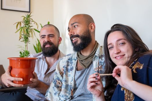 Three friends smiling indoors, holding a cannabis plant and joint, showcasing a relaxed atmosphere.