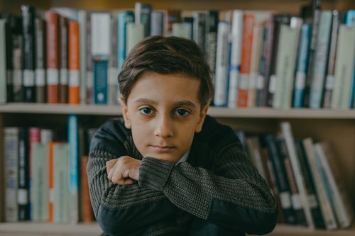 Free A young boy wearing a sweater sits in a library, surrounded by books, looking thoughtfully at the camera. Stock Photo
