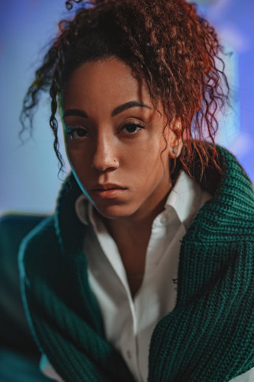 A Woman in Green Knit Sweater