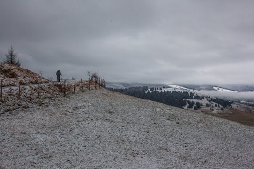 雪道旁，一个孤独的人行走在优美的风景和多云的天空下