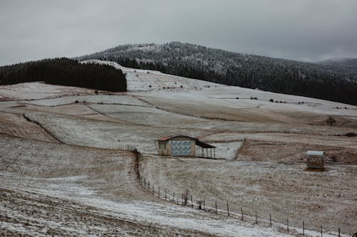 Casa In Legno Marrone Circondata Da Campo Marrone Vicino Alla Montagna Sotto Il Cielo Grigio Durante Il Giorno