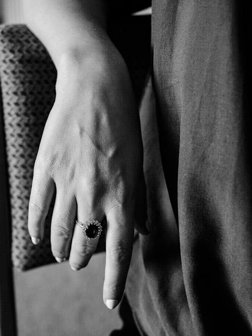 A Grayscale of a Hand with a Ring