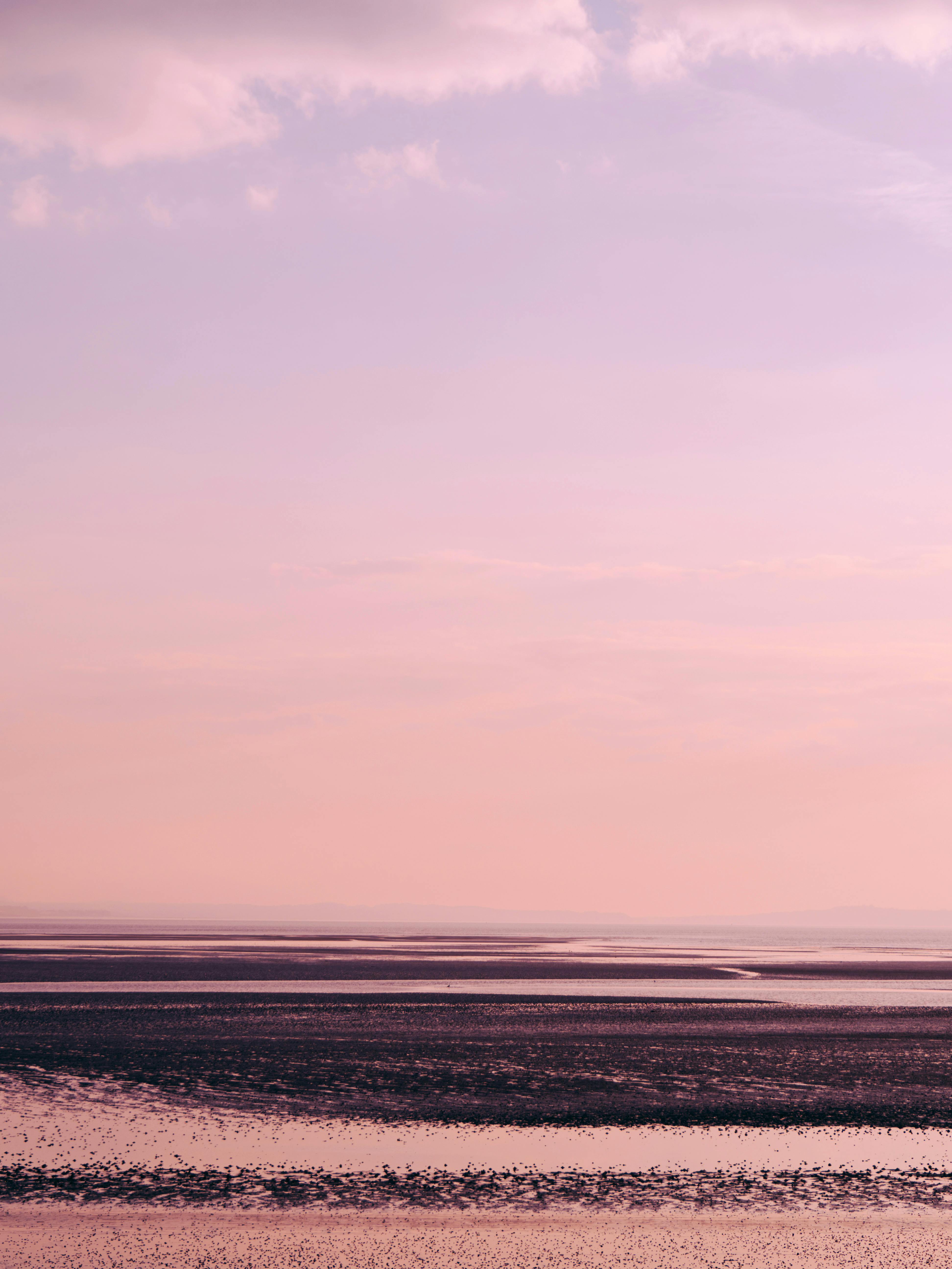 A tranquil view of mudflats under a pastel sky, captured during twilight.