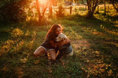 Preteen girl hugging Golden Retriever while sitting on green grass in sunny day