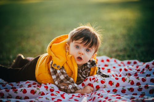 Curious adorable boy in warm clothes lying on blanket on grassy meadow in park while looking at camera with opened mouth