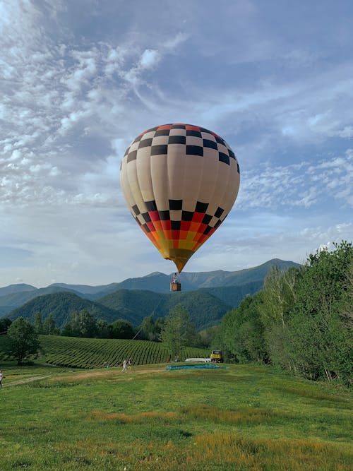 White and Blue Hot Air Balloon over Green Grass Field