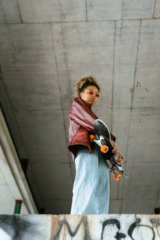 Low angle view of a stylish woman in red coat holding skateboard under a bridge.