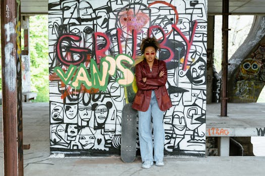Fashionable woman standing by a graffiti wall holding a skateboard.