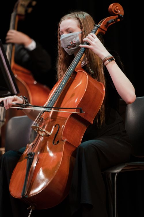 Free Cellist wearing a face mask plays during an indoor concert. Stock Photo
