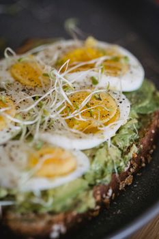 Close-up of an avocado toast topped with hard-boiled eggs and sprouts, perfect for breakfast.