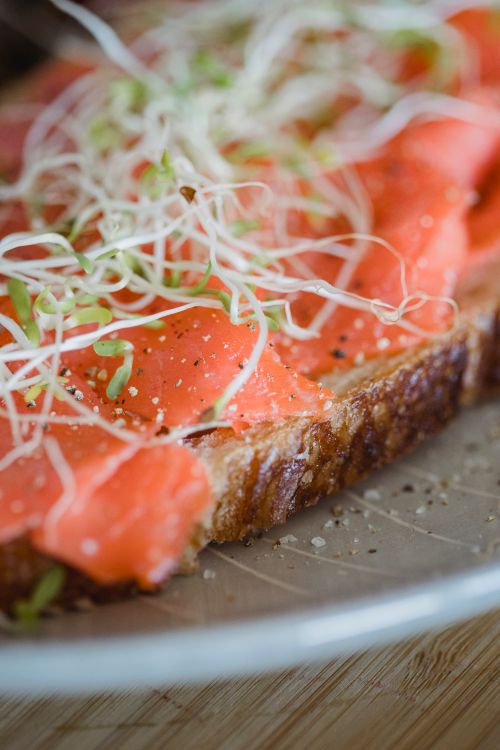 Free Delicious smoked salmon on toasted bread with garnish, beautifully plated for food photography. Stock Photo