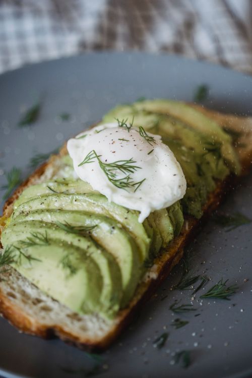 Free A delicious slice of avocado toast topped with a perfectly poached egg and garnished with fresh dill. Stock Photo