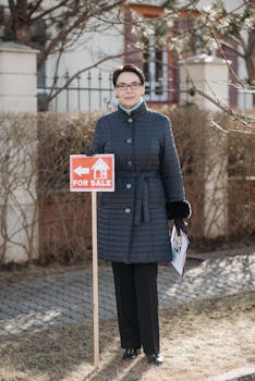 Professional real estate agent holding a for sale sign outdoors in winter.