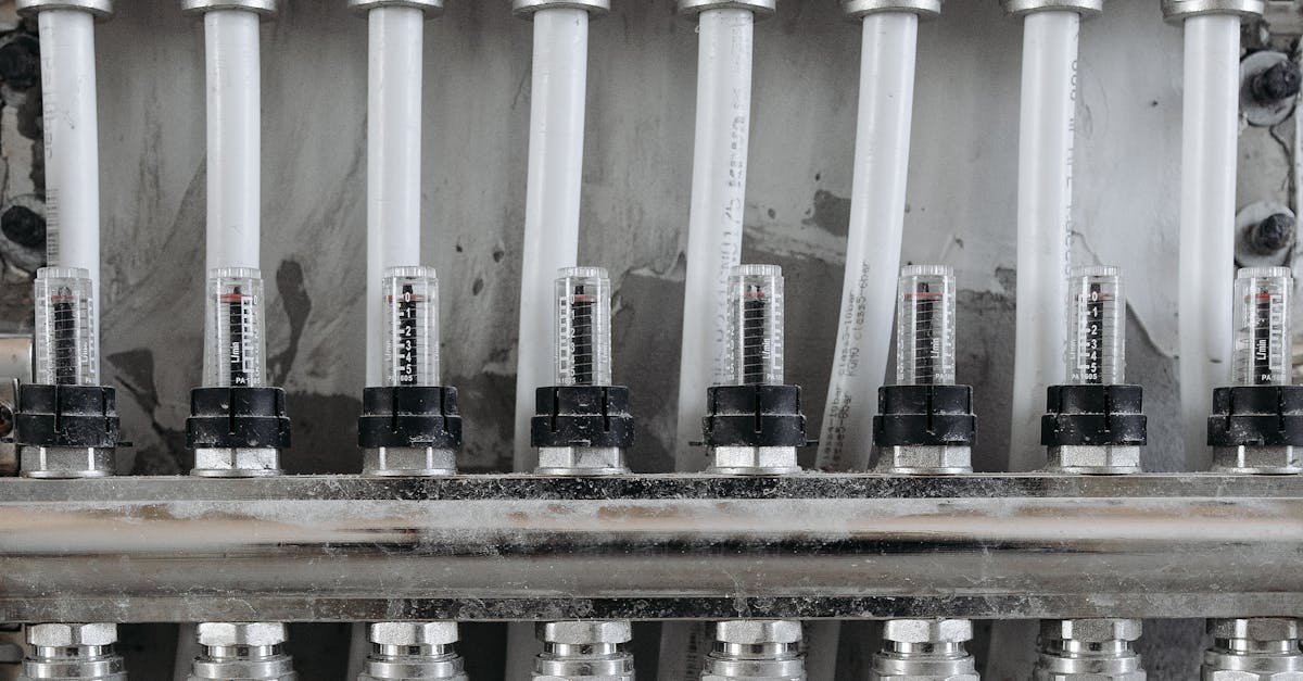 Close-up view of an industrial pipe connection system with gauges and valves.