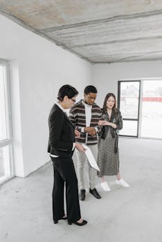 A real estate agent showing an empty house to a couple. Ideal for real estate and home buying content.