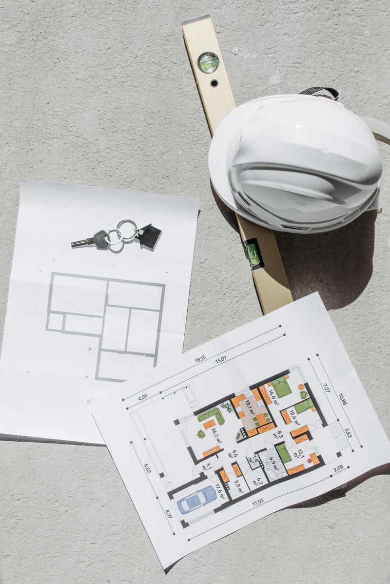 Architectural plans and construction equipment