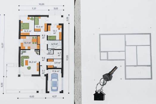 A comprehensive floor plan layout featuring a house key symbolizing real estate and homeownership.