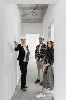A diverse group of adults in hard hats touring a building site with a realtor.