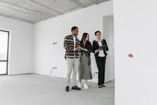 Real estate agent with clients exploring an unfinished apartment interior.