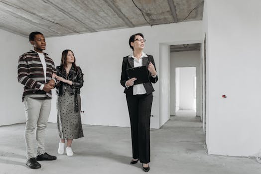 A real estate agent shows an unfinished apartment to prospective buyers.
