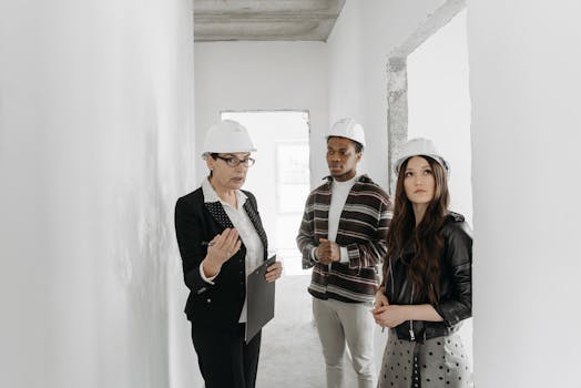 A realtor with clients discussing property details indoors, wearing safety helmets.