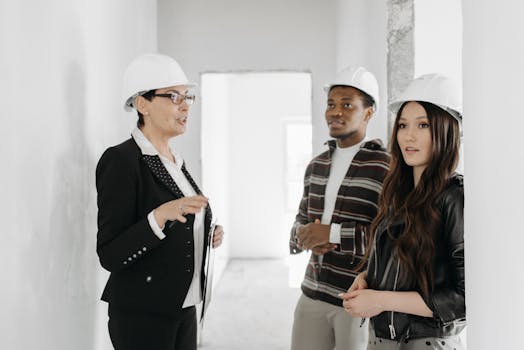 A real estate agent talks to clients at an unfinished apartment wearing helmets.