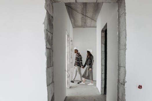 A couple holding hands and exploring an unfinished house while wearing hard hats.
