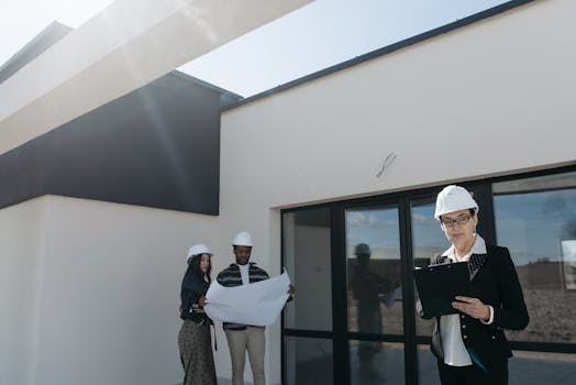 Real estate professionals wearing helmets review building plans at a modern construction site.