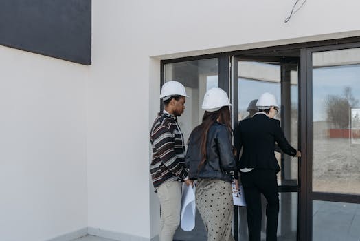 A group of diverse clients with a realtor at a new construction site entrance.