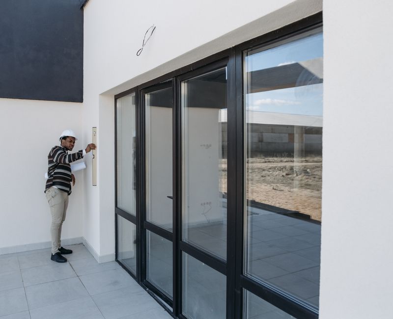 A professional inspecting windows and doors in a home setting
